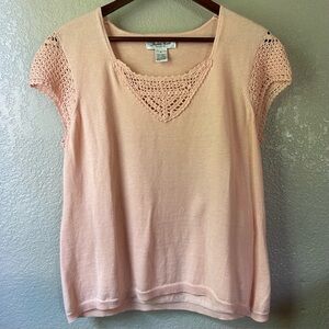 Vintage Womens XL Linen Cotton Peachy Orange Crochet Knit Sweater Coastal Boho